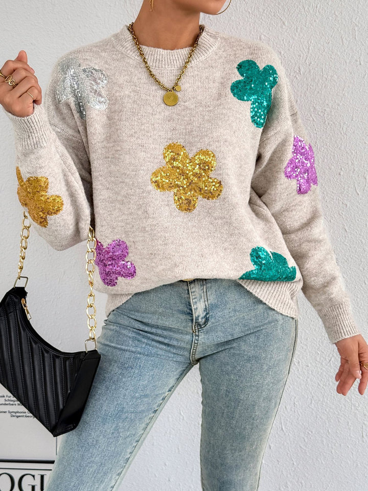 Damen Strickpullover mit glitzernden Blütenapplikationen Drune