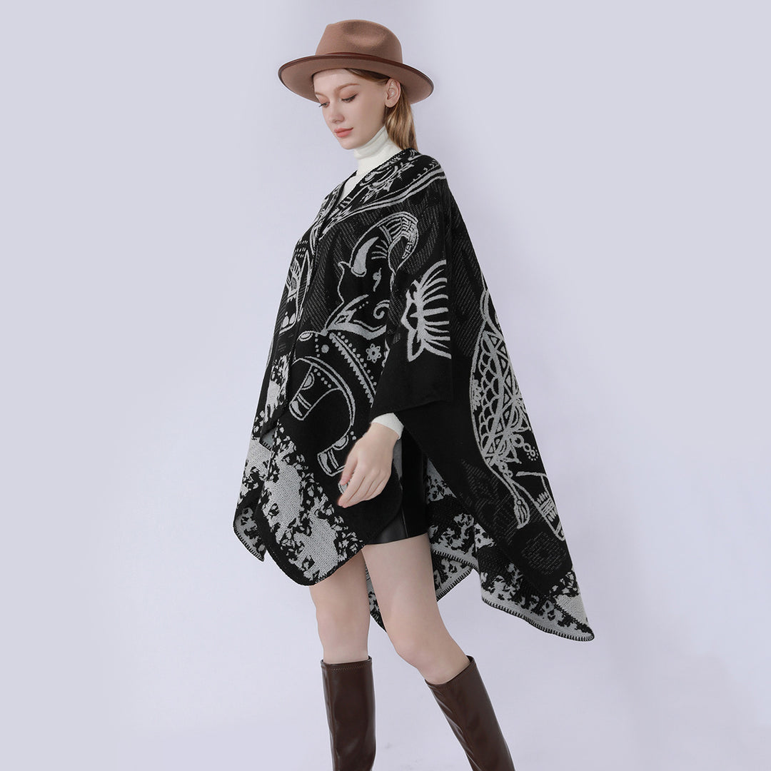 Damen Jacquard-Kimono-Cape aus Wollmix mit ornamentalen Tiermotiven Drune