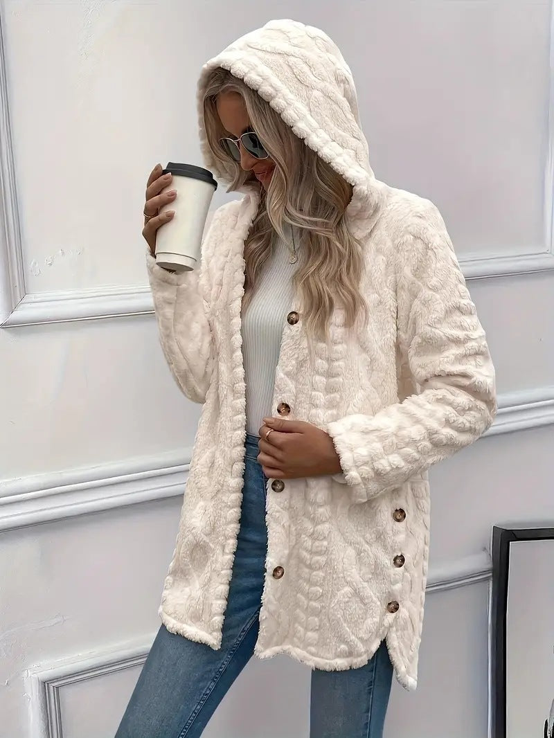 Damen Plüschjacke mit Kapuze und Knopfverschluss Drune