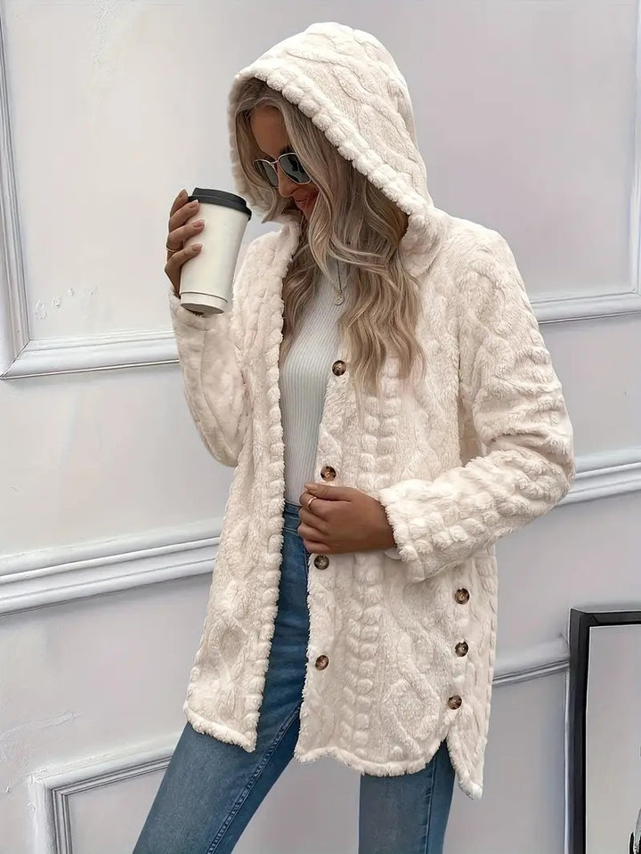 Damen Plüschjacke mit Kapuze und Knopfverschluss Drune