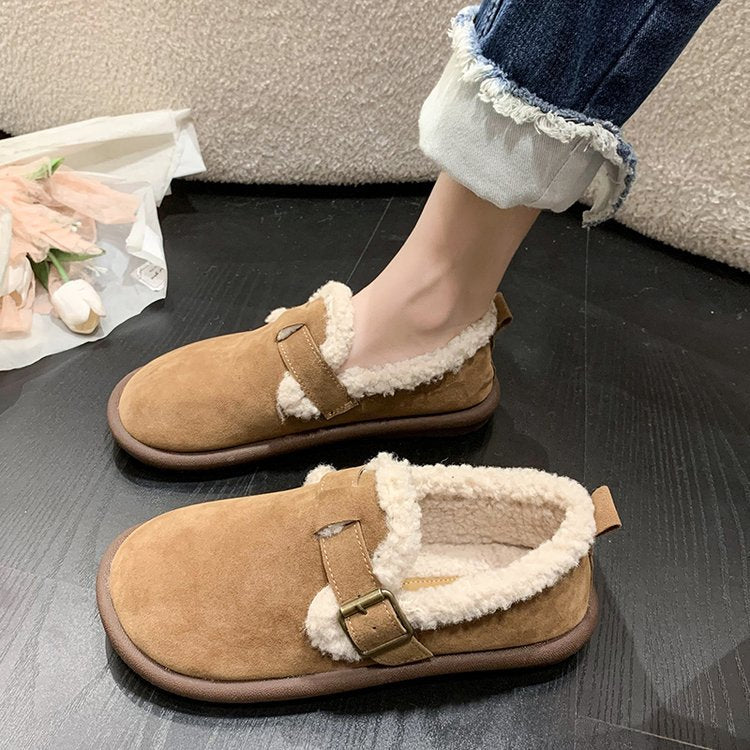 Damen Gefütterte Wildleder‑Optik Hausschuhe-Mules mit Teddyfutter und verstellbarem Riemen Drune