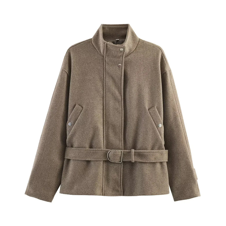 Damen nan taillierte Kurzjacke im Wollmix mit Stehkragen, Druckknopfleiste und Bindegürtel Drune
