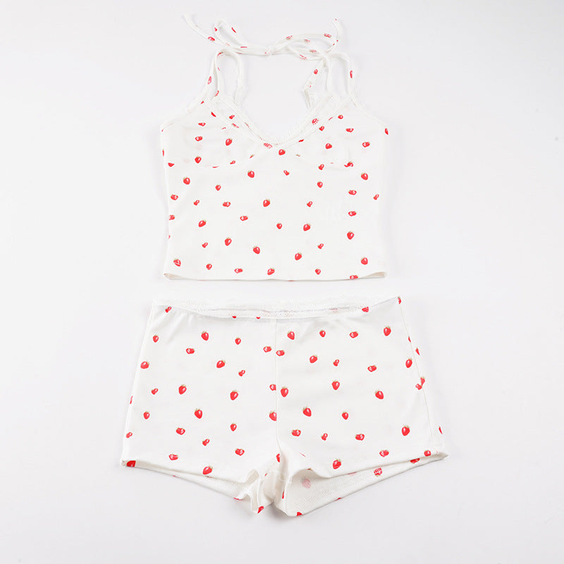 Damen Loungewear-Set mit Spitzendetails und fruchtigem Print Drune