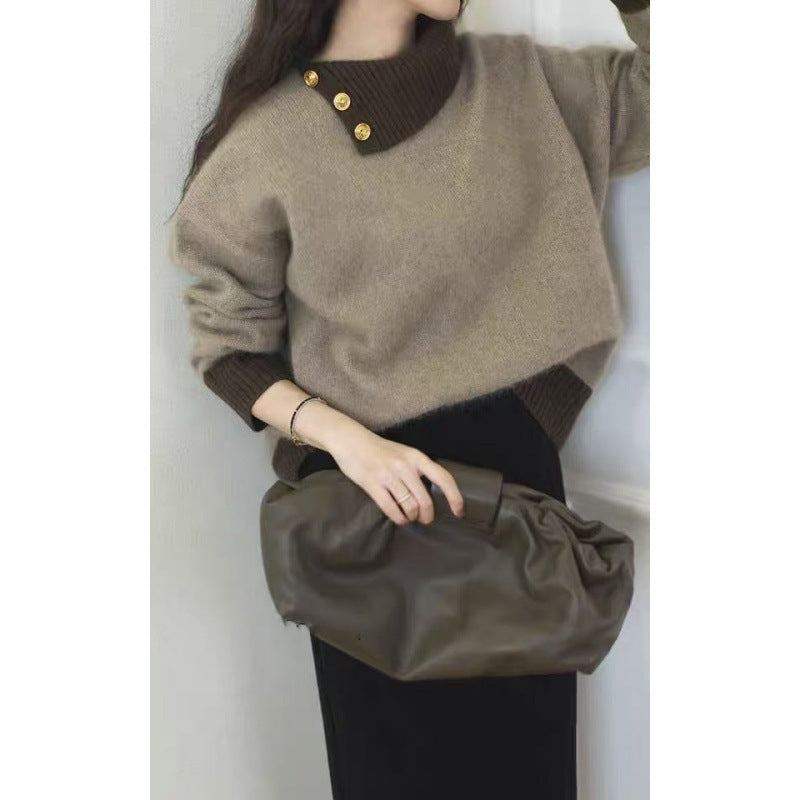 Damen Kurzgeschnitteter Pullover mit asymmetrischem Knopf‑Mockneck und Ballonärmeln Drune