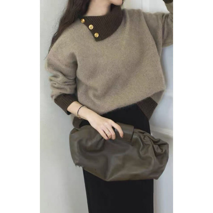 Damen Kurzgeschnitteter Pullover mit asymmetrischem Knopf‑Mockneck und Ballonärmeln Drune