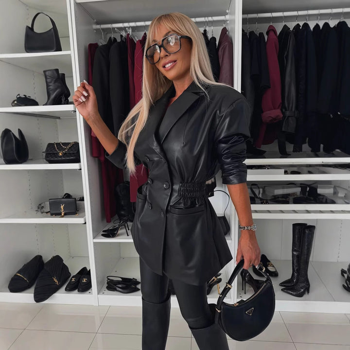 Damen eleganter Blazer aus Kunstleder mit Taillierung Drune