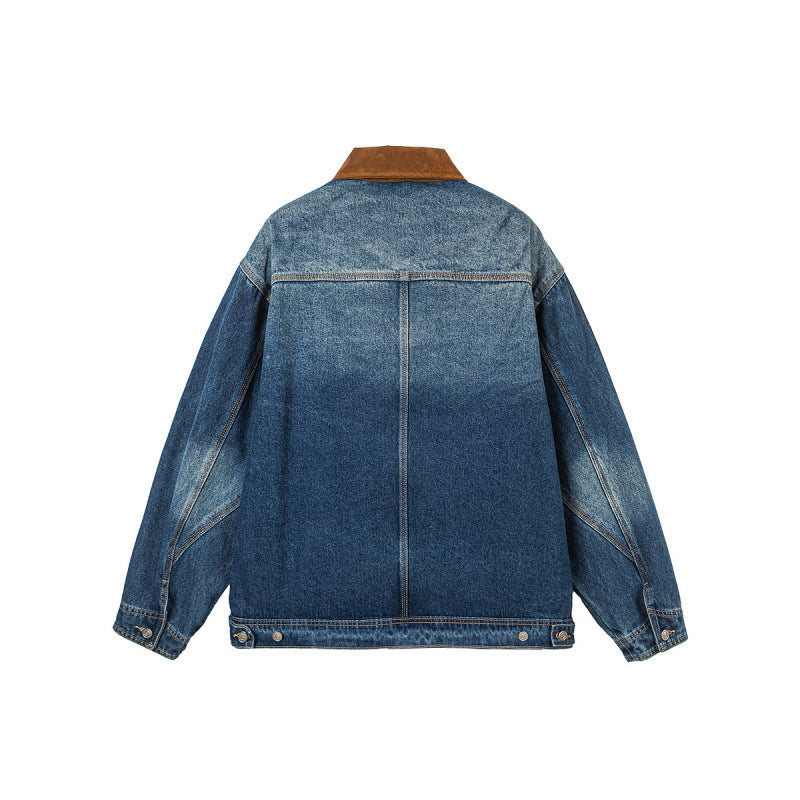 Herren Boxy-Denimjacke im Worker-Stil mit Cordkragen und Frontreißverschluss Drune