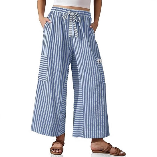 Damen weite Palazzo-Hose mit gestreiftem Muster und praktischen Taschen Drune