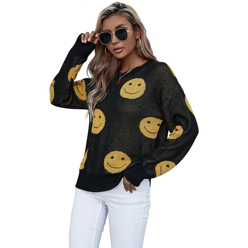 Damen lässiger Strickpullover mit Smiley‑Jacquard und Rundhalsausschnitt Drune