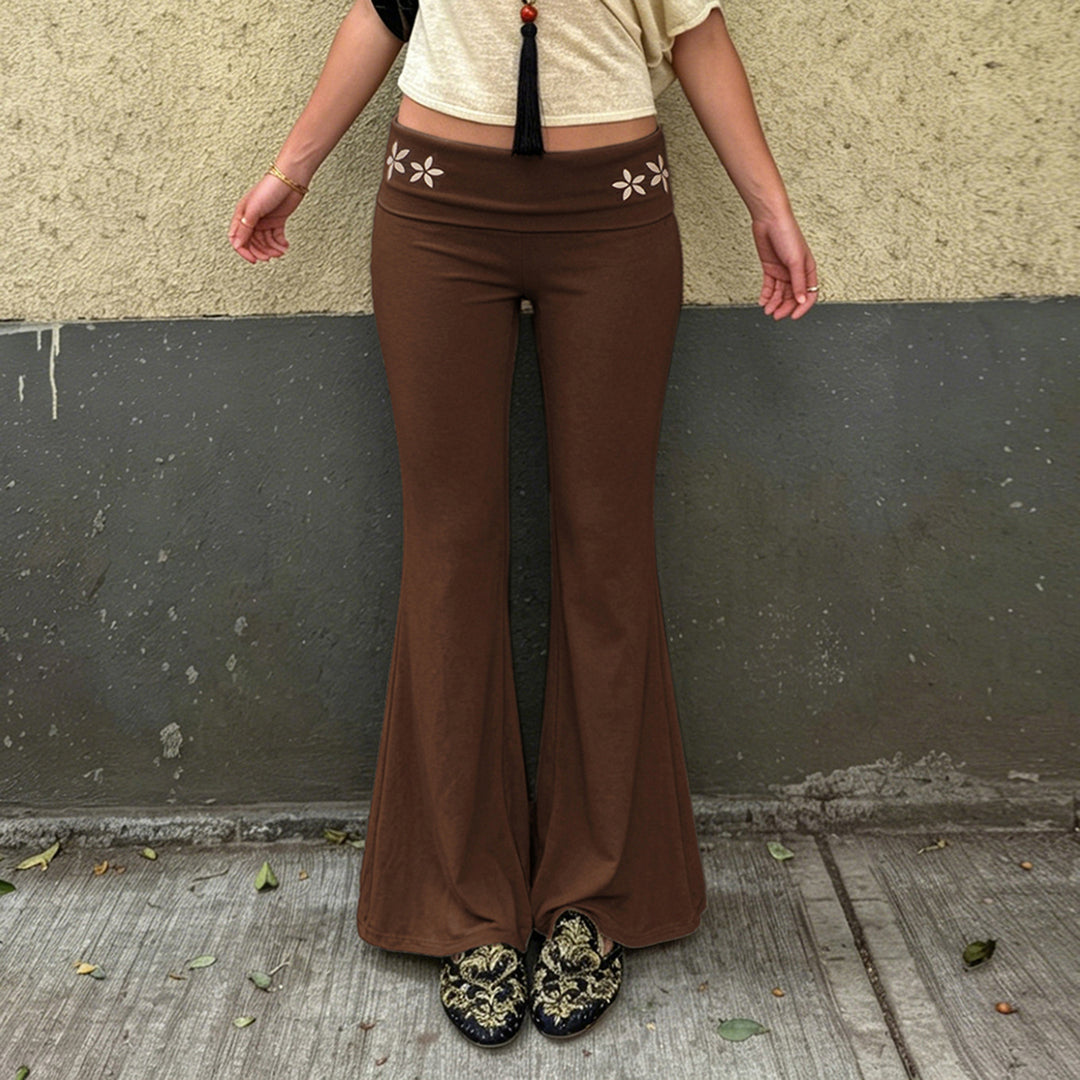 Damen Schlaghose aus Stretch-Jersey mit hohem Umschlagbund und Blumen-Cutouts Drune