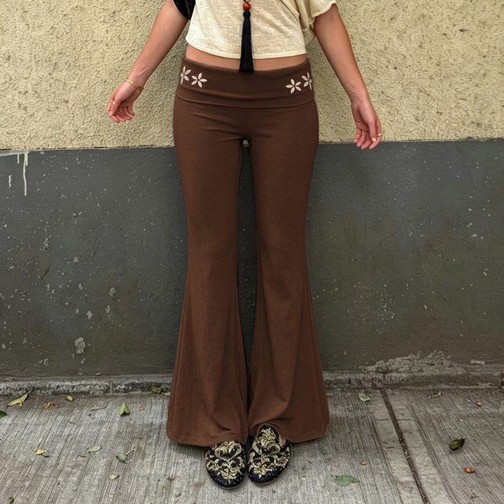 Damen Schlaghose aus Stretch-Jersey mit hohem Umschlagbund und Blumen-Cutouts Drune