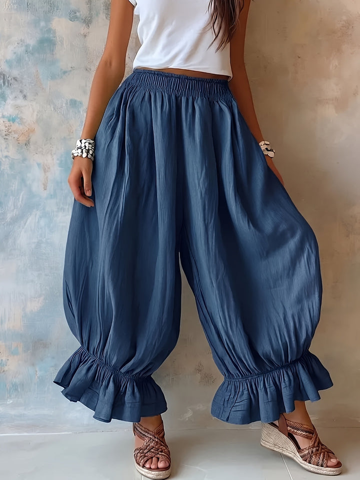 Damen Weite Haremshose mit Gummizug, gerafften Beinen und Volant-Saum Drune