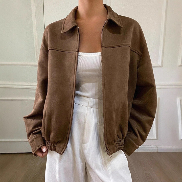 Damen Oversized Wildlederoptik Bomberjacke mit Reißverschluss und elastischem Saum Drune