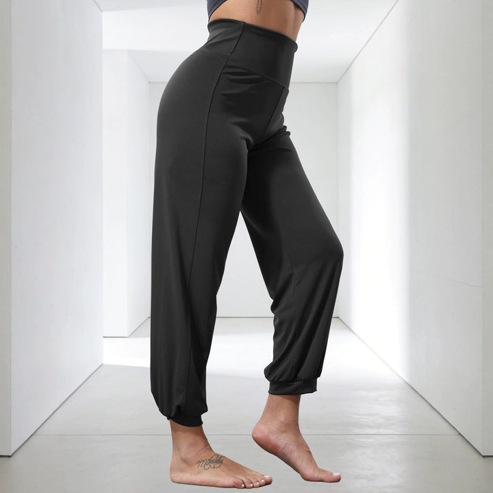 Damen weiche High-Waist Relax-Hose mit weitem Bein, elastischem Komfortbund und gekräuseltem Knöchelabschluss Drune