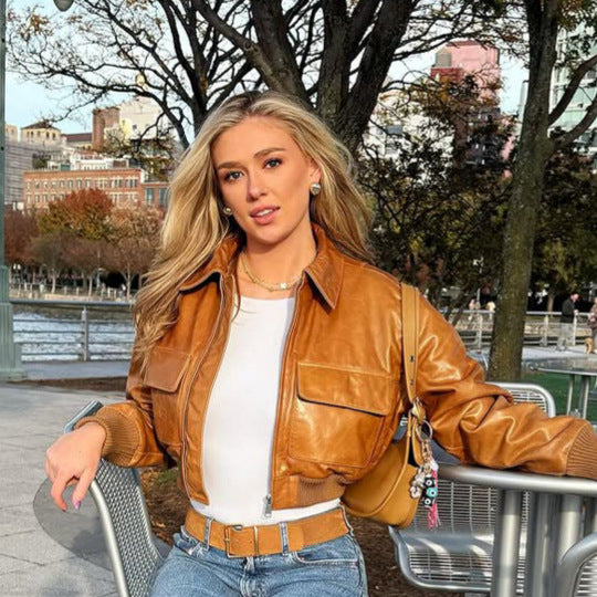 Damen Kurze Lederoptik-Blousonjacke mit großen Pattentaschen und geripptem Bund Drune