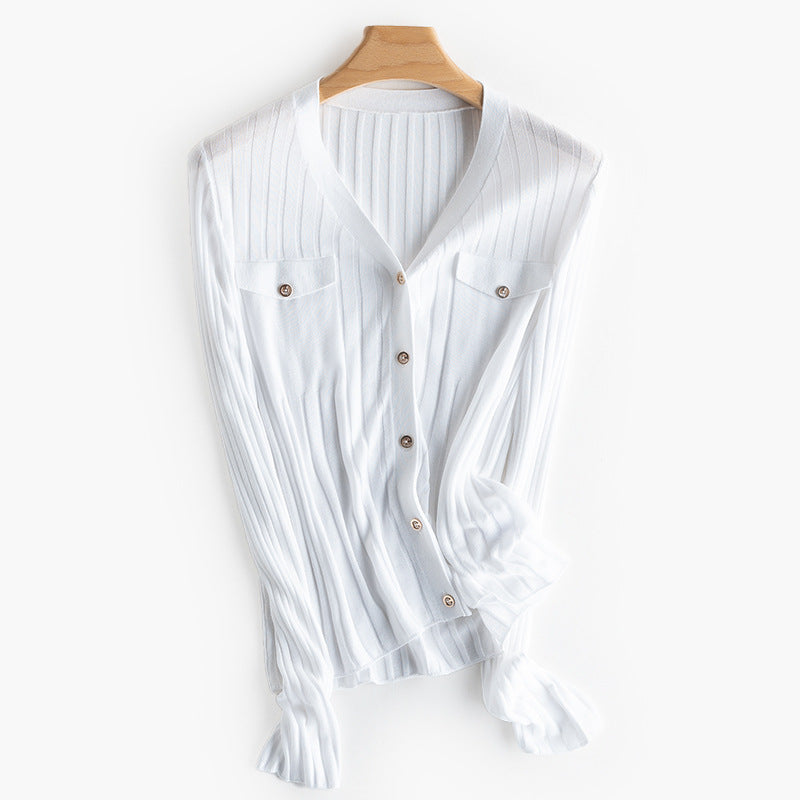 Damen Feiner gerippter Knopfcardigan mit V‑Ausschnitt und Brustklappen Drune