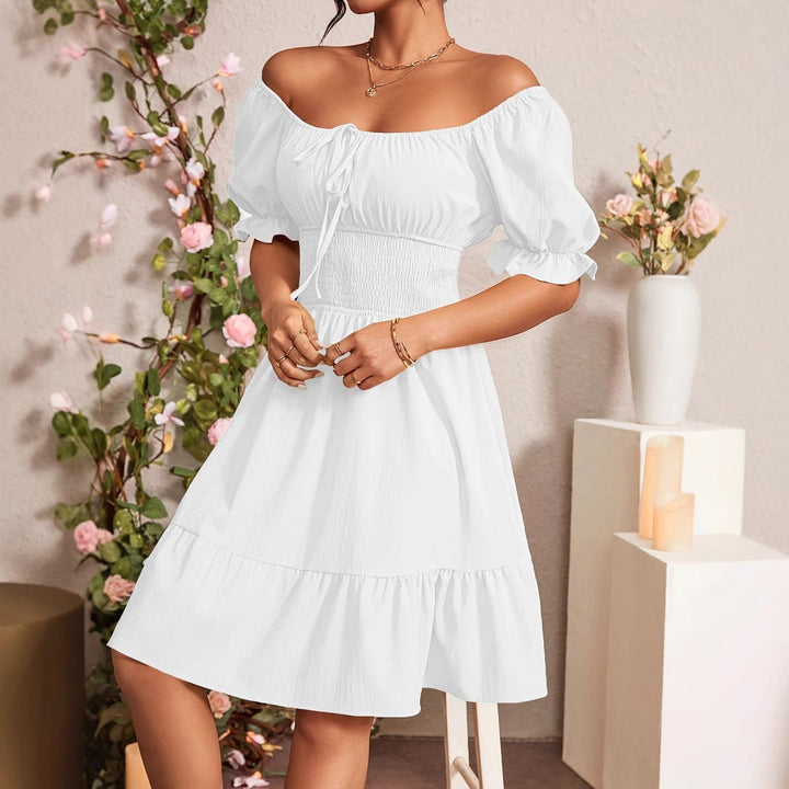 Damen Puffärmel Kleid mit elastischem Tailleneinsatz und Rüschensaum Drune