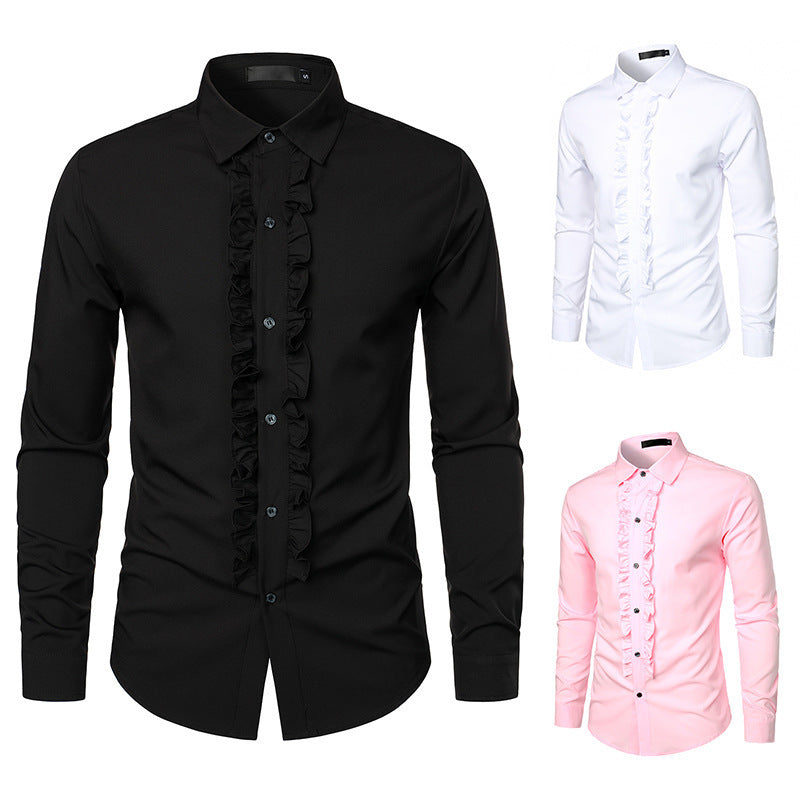 Herren Langarmhemd mit Rüschenverzierung und eleganten Knopfdetails Drune