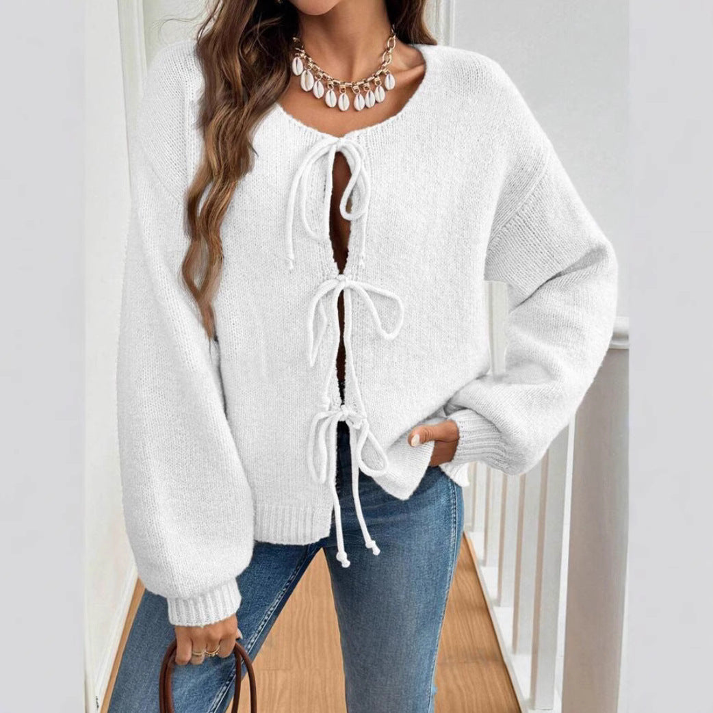 Damen Kurzcardigan mit Bindebändern, Oversize‑Silhouette und Ballonärmeln Drune
