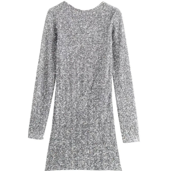 Damen Glitzerndes Pailletten-Minikleid mit langen Ärmeln und schmaler Silhouette Drune