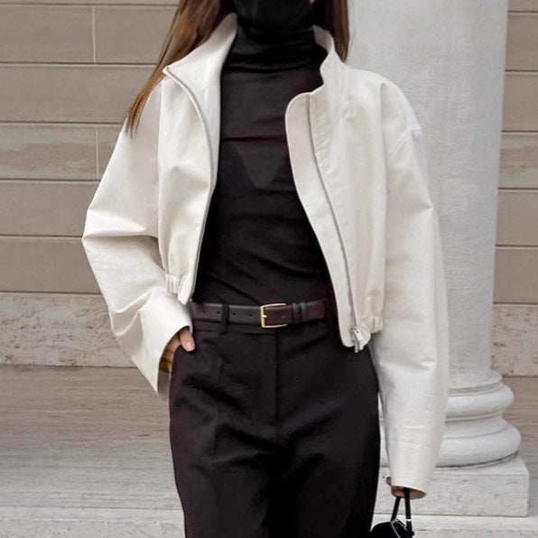 Damen Modische Kurzjacke mit hohem Kragen und voluminösen Ärmeln Drune