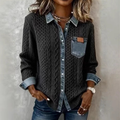 Damen Strickjacke mit Denim-Look-Kragen, dekorativer Knopfleiste und Brusttasche Drune