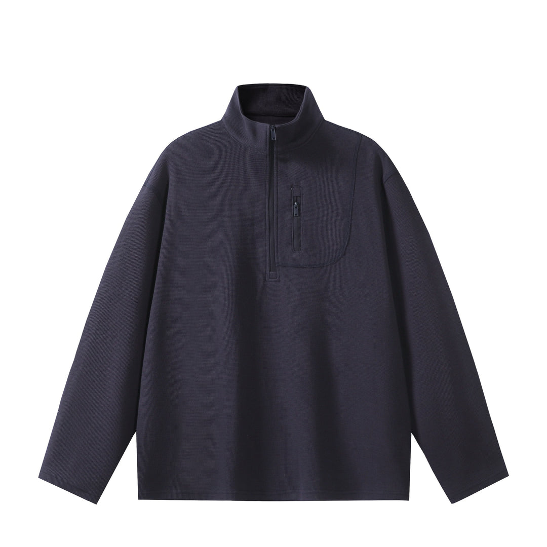 Unisex Leichter Waffelstrick-Halbzip-Pullover mit Stehkragen und Brustzippertasche Drune