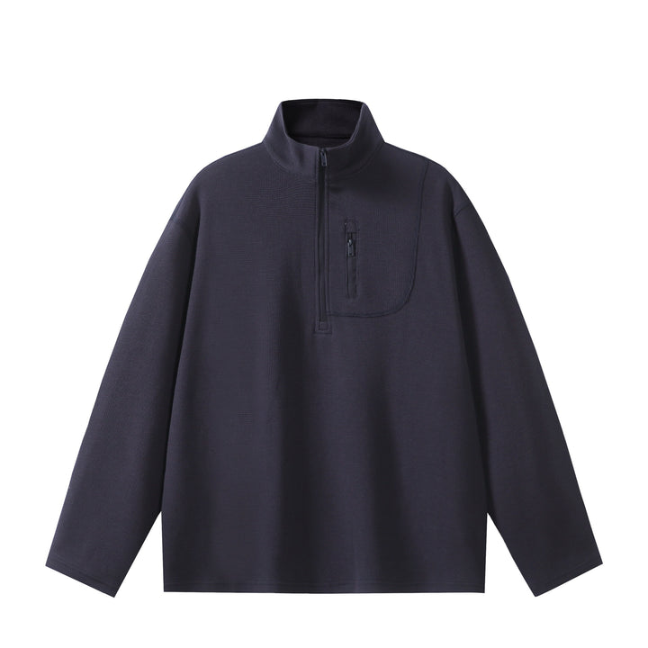 Unisex Leichter Waffelstrick-Halbzip-Pullover mit Stehkragen und Brustzippertasche Drune