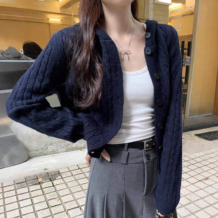 Damen Strickjacke mit Kapuze und Zopfdesign Drune