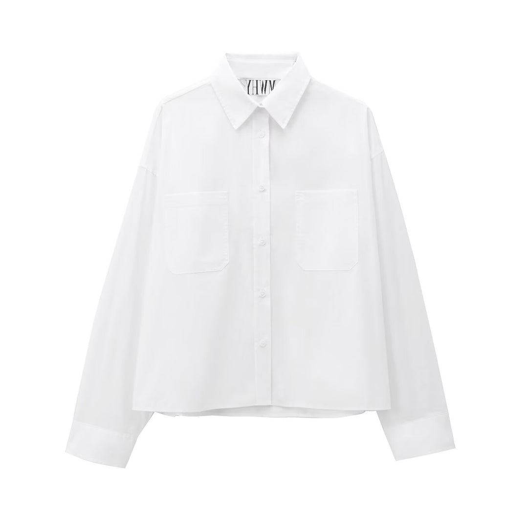 Damen Boxy-Cropped-Hemdjacke mit aufgesetzten Brusttaschen Drune