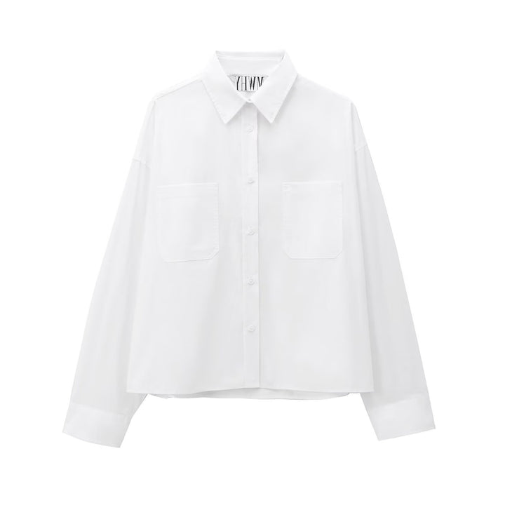Damen Boxy-Cropped-Hemdjacke mit aufgesetzten Brusttaschen Drune