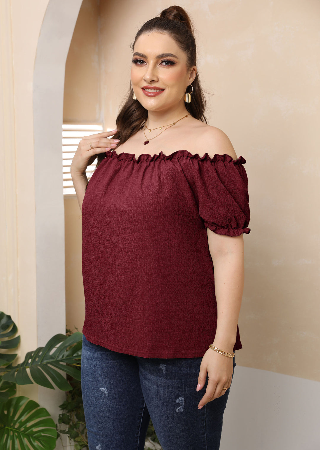 Damen Off-Shoulder Oberteil mit Volant Drune
