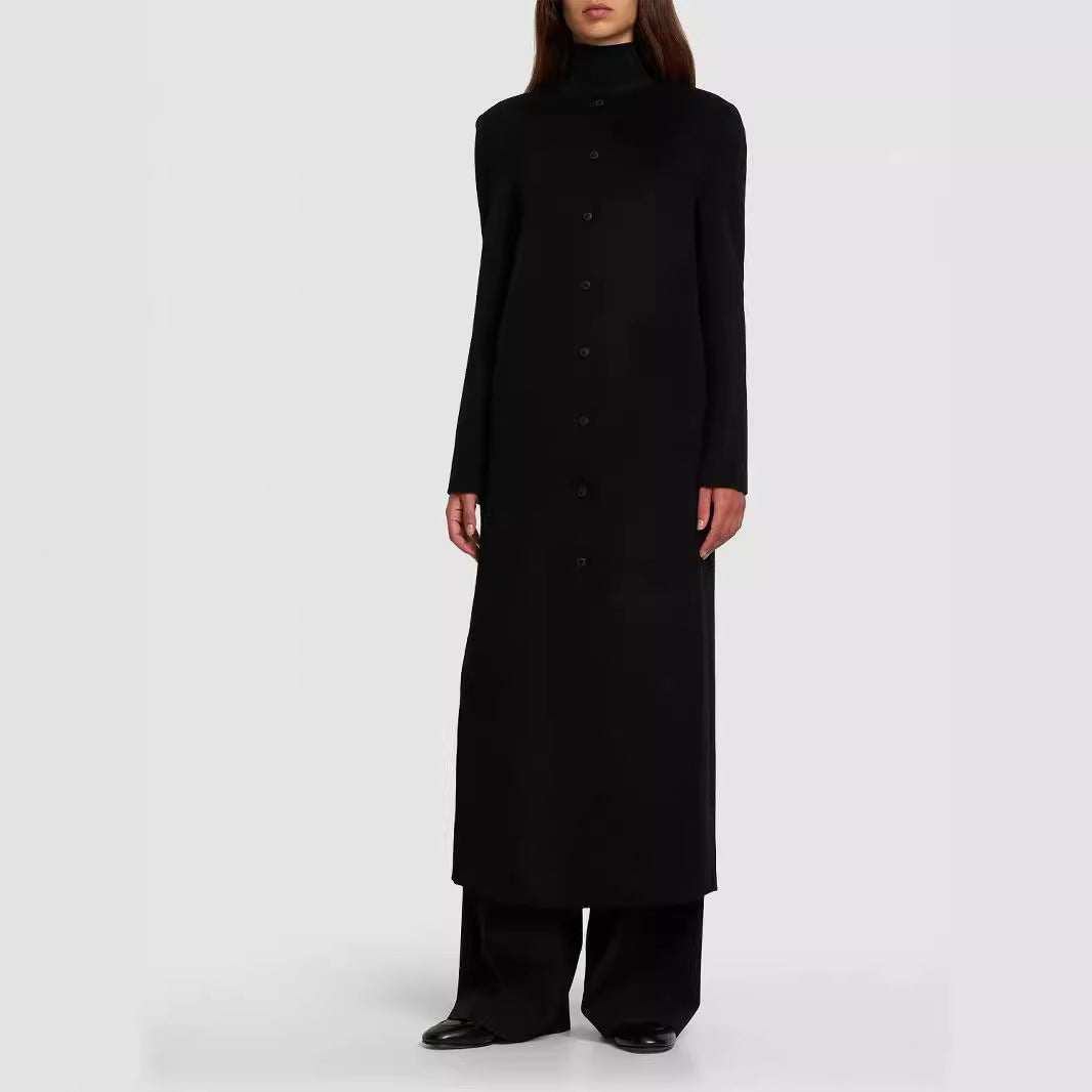 Damen Langer Minimalistischer Stehkragenmantel aus Wollmix mit verdeckter Knopfleiste Drune
