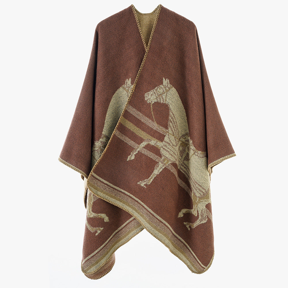 Damen Jacquard‑Poncho mit Pferdemotiv und weichem Wollmix Drune