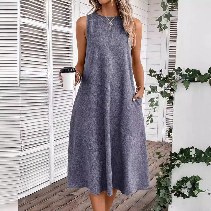 Damen lässiges Midi-Kleid mit tiefem Ausschnitt und praktischen Taschen Drune