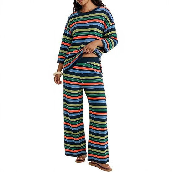 Damen Gestreiftes Lounge-Set aus leichtem Strick mit weitem Bein und 3/4-Ärmeln Drune