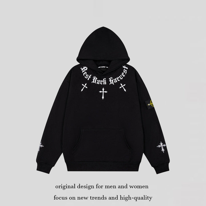 Unisex Oversize Kapuzenpullover mit Gothic-Kreuz-Print, Kängurutasche und Rippbündchen Drune