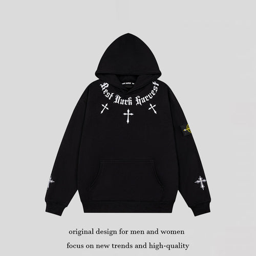 Unisex Oversize Kapuzenpullover mit Gothic-Kreuz-Print, Kängurutasche und Rippbündchen Drune