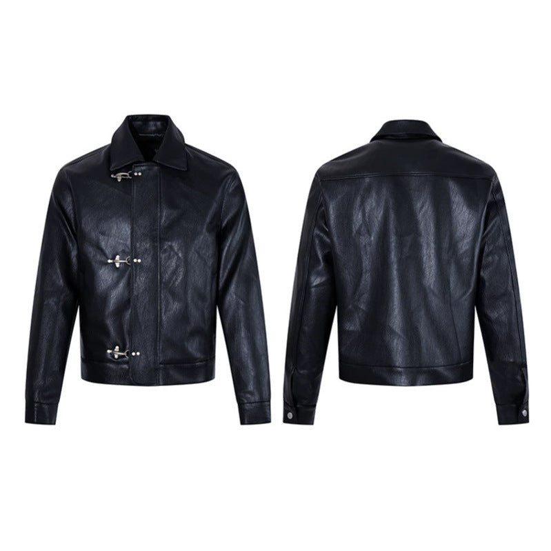 Herren Lederjacke mit Knebelverschlüssen, kurzem Schnitt und Hemdkragen Drune