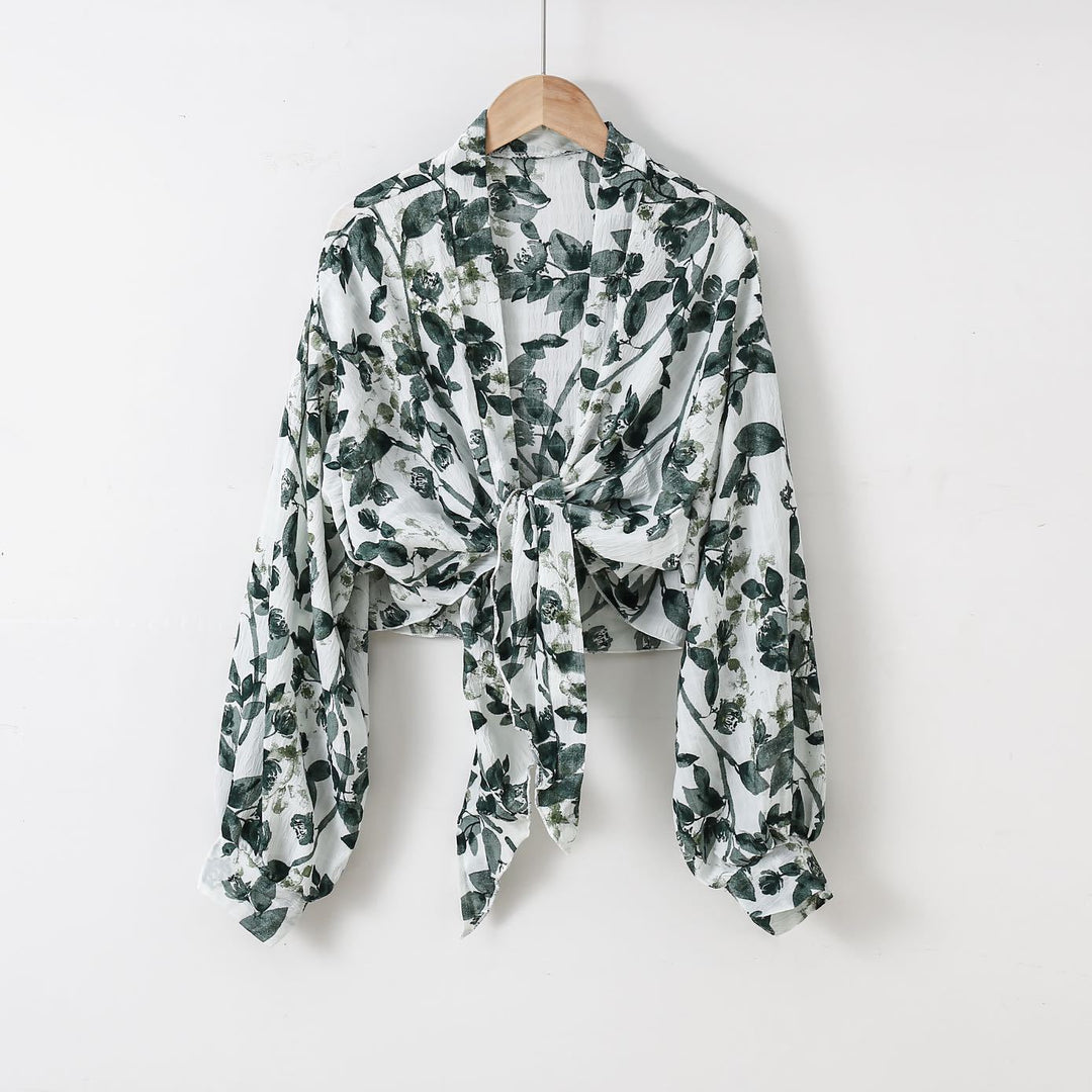 Damen nan florale Knoten-Bluse im Wickelstil mit Ballonärmeln und leichter Leinenoptik Drune