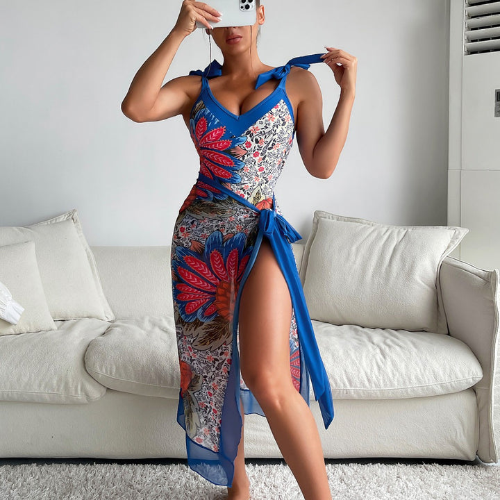 Damen Eleganter und komfortabler Blumendruck-Badeanzug mit passendem Wickelrock Drune
