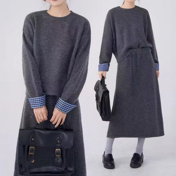 Damen Elegantes Strickkleid mit abnehmbarem Blusenkragen und Tunnelzug Drune
