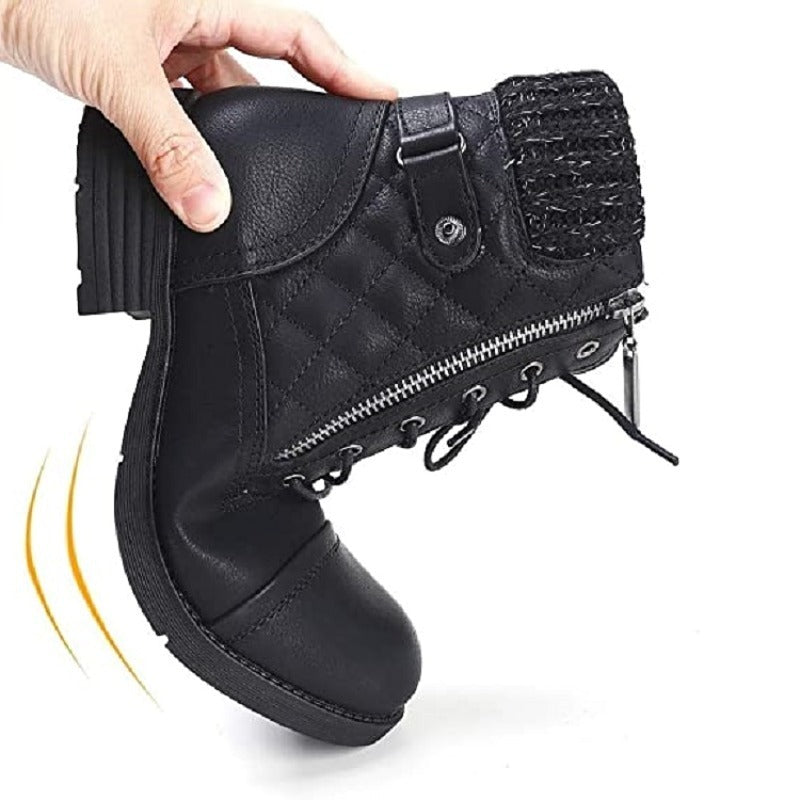 Damen nan gequiltete Schnür-Bikerboots mit seitlichem Reißverschluss, gepolstertem Schaft und robustem Profilsohle Drune