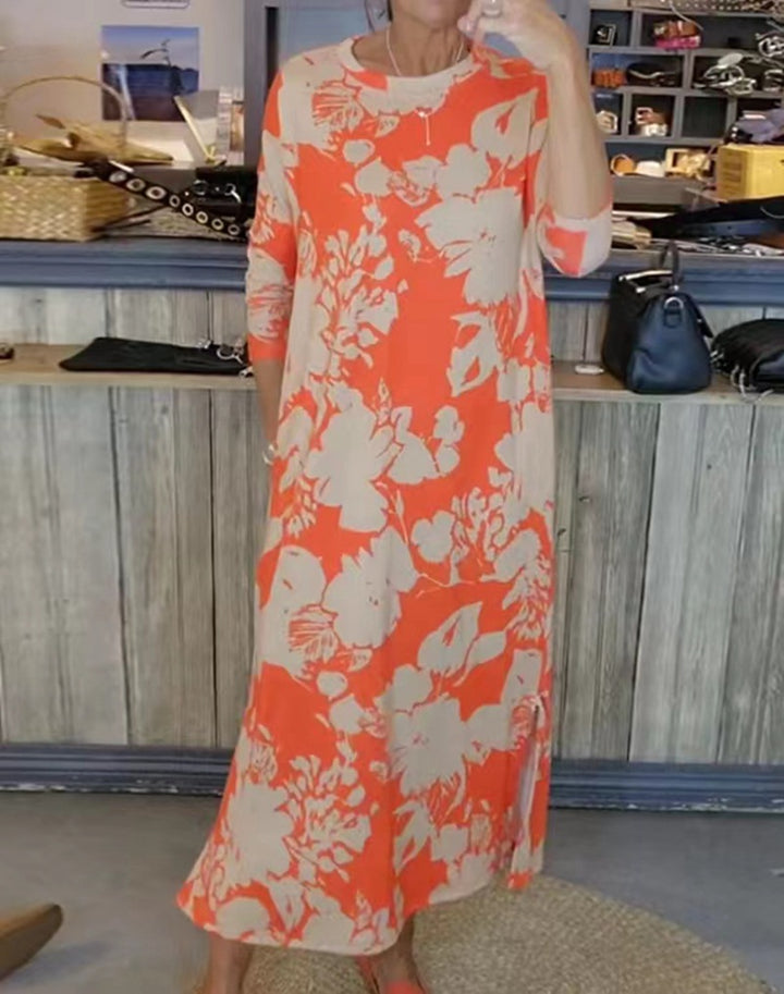 Damen nan fließendes A-Linien-Maxikleid mit Dreiviertelärmeln Rundhalsausschnitt Seitenschlitz und Eingrifftaschen Drune
