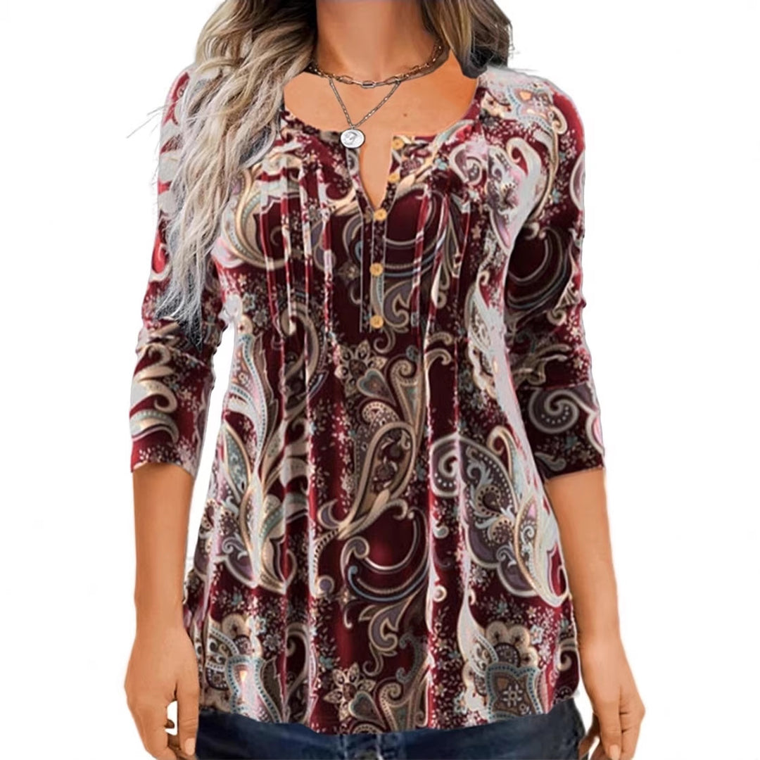 Damen Paisley Tunika mit 3/4 Ärmeln, Falten und Knopfblende Drune