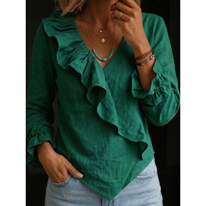Damen Volant‑Bluse im Leinenlook mit Wickeloptik und asymmetrischem Zipfelsaum Drune