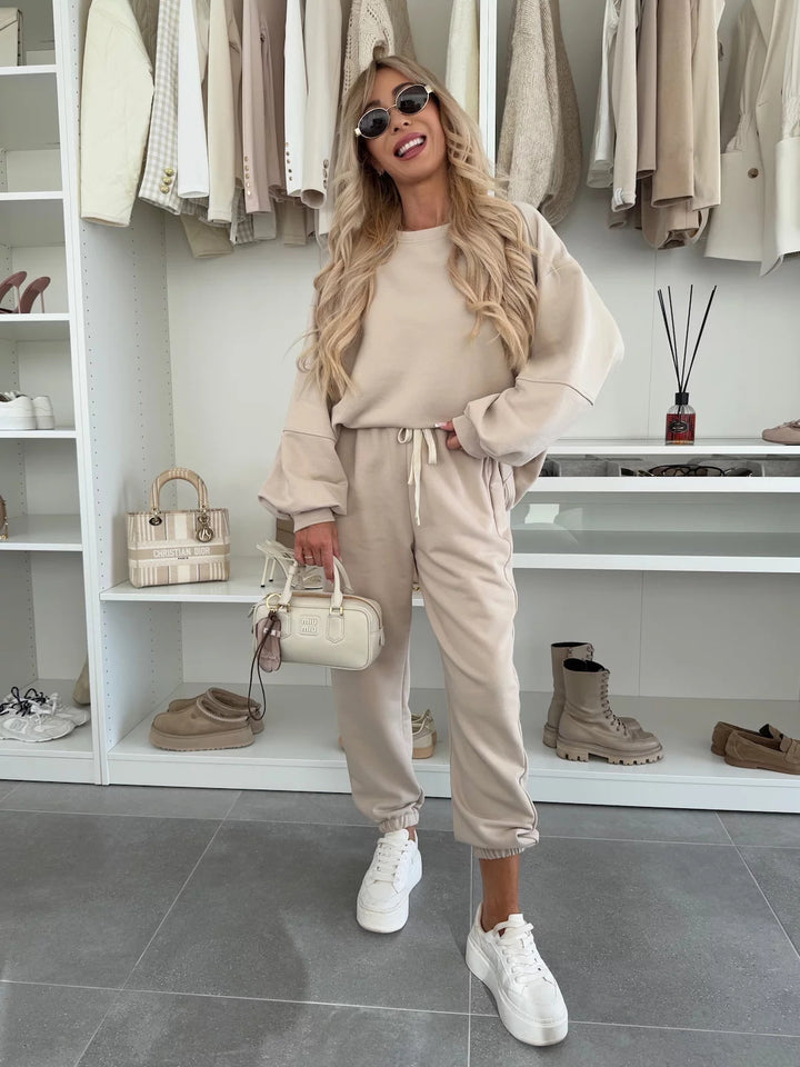 Damen Oversized Loungewear-Set aus weich angerautem Sweat mit Kordelzug-Jogginghose und relaxed Pullover Drune