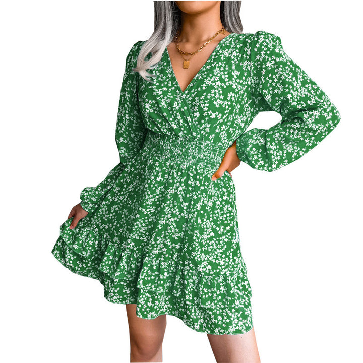 Damen romantisches Blumenkleid mit V-Ausschnitt und Rüschendetails Drune
