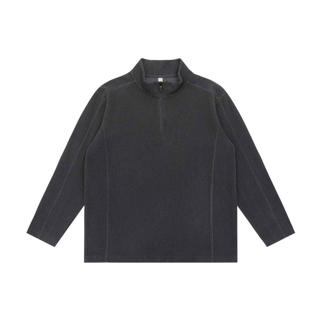 Unisex Waffelstruktur-Halbzippullover mit Troyerkragen und Relaxed‑Fit Drune