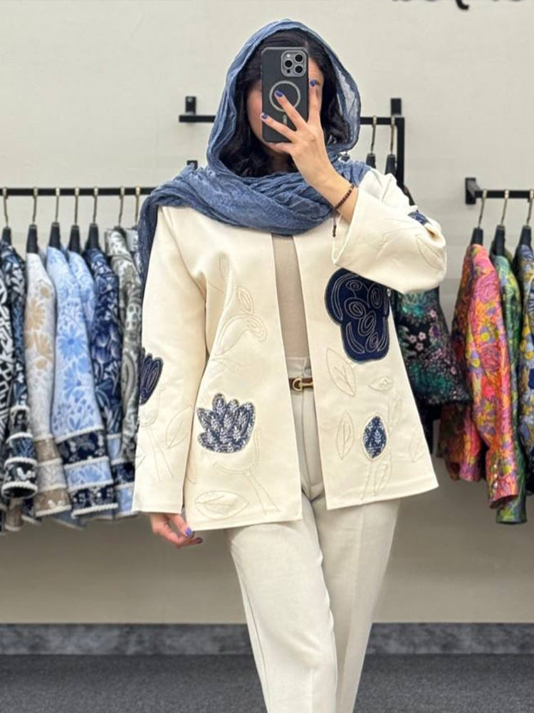 Damen offener Strickblazer mit floraler Stickerei & Applikationen Drune